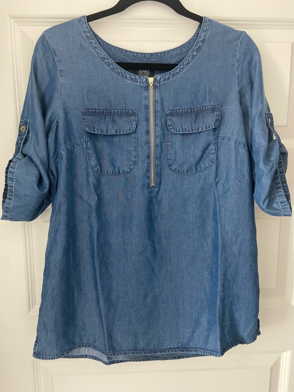 JONES NEW YORK Signature Denim Blue Tencel Zip Front Tunic Top Size S